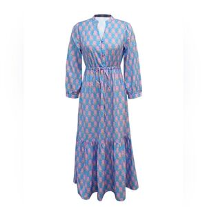 Nwot Colorful Floral Empire Waist Ruffled Maxi Dress Retro 70's Style Med